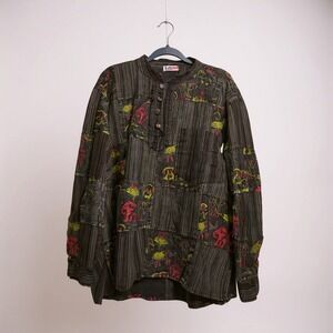 EzHippie Patchwork Elephant Print Tunic Shirt Long Sleeve Button‎ Up XXL Nepal